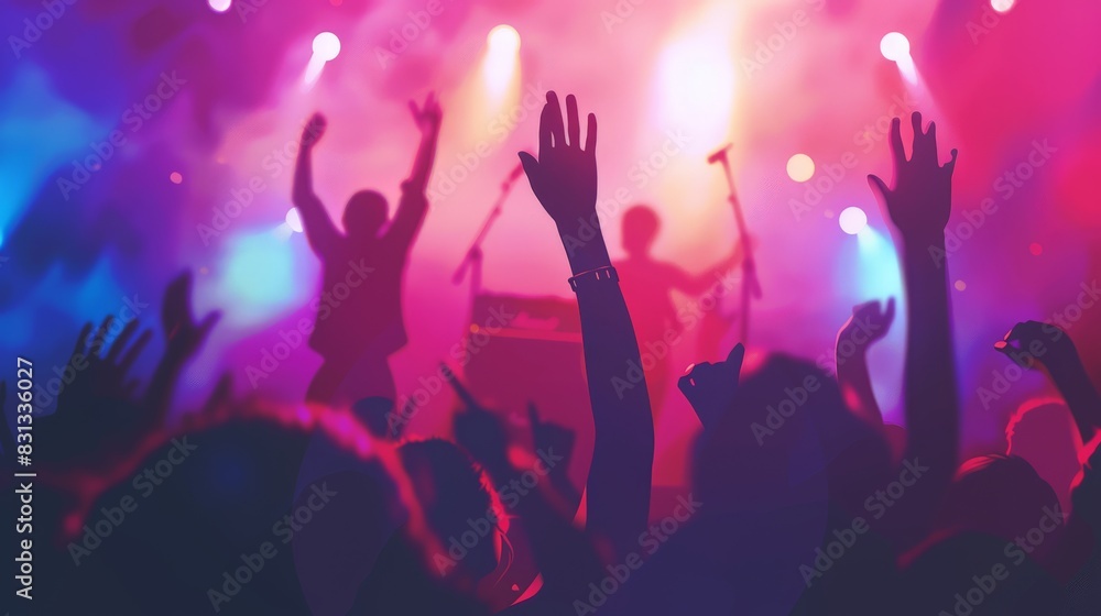 Silhouette of people with hands raised at a vibrant music festival. Energetic crowd enjoying a live concert with colorful stage lights. Perfect for entertainment and nightlife themes. Silhouette of people with hands raised at a vibrant music festival. Energetic crowd enjoying a live concert with colorful stage lights. Perfect for entertainment and nightlife themes.
