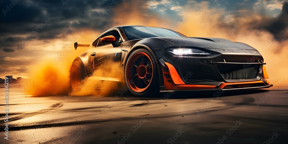 Drifting race car creates smoke and burns tires on highspeed track. Concept Motorsports, Drifting, Highspeed Thrills, Smoky Tires, Adrenaline Rush