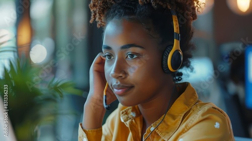 portrait of african american girl with headphones in call center realistic photo