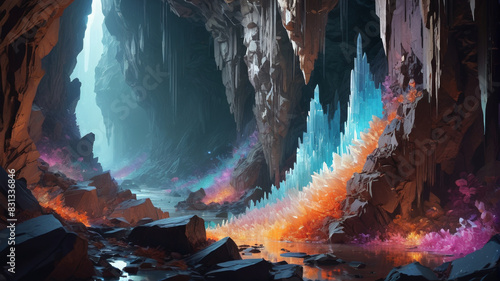 In the Chasm of Echoes, reverberating whispers bounce off walls of gleaming crystals, creating an eerie symphony in the depths of the earth, Generative AI photo