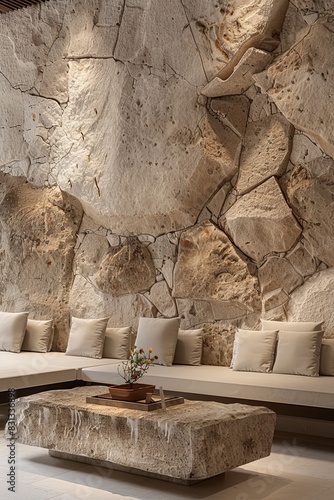 luxurious minimalist living room with an emphasis on stone textures