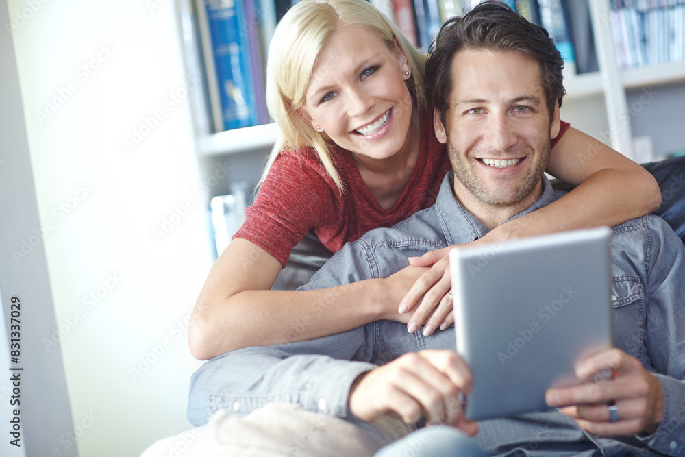 Smile, couple and home sofa with tablet or relaxing online, people happy and internet browse together on social media. Web, scrolling and relationship bonding, networking and communication apartment Smile, couple and home sofa with tablet or relaxing online, people happy and internet browse together on social media. Web, scrolling and relationship bonding, networking and communication apartment