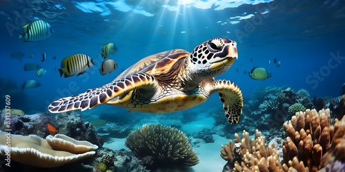 Photo of endangered Hawksbill Turtle in marine conservation habitat. Concept Wildlife Photography, Marine Conservation, Endangered Species, Hawksbill Turtle, Ecosystem Preservation photo