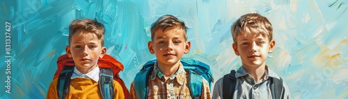 Young schoolboys head, blue backdrop, back to school banner, digital oil painting, vibrant and detailed, warm and inviting photo