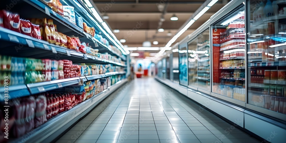 Grocery store interior with full shelves illustrating consumer behavior and shopping habits. Concept Consumer Behavior, Shopping Habits, Grocery Store Interior, Full Shelves, Retail Environment