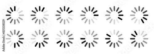 Rounded rectangular loading indicator buffering symbols with 12 progressing shaded of black. Internet download or upload buffering vector illustration isolated on white background.