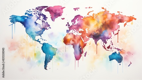 Watercolor painting of a world map with colorful drips.