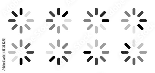 Rounded rectangular loading indicator buffering symbols with eight shaded of black. Internet download or upload buffering vector illustration isolated on white background.