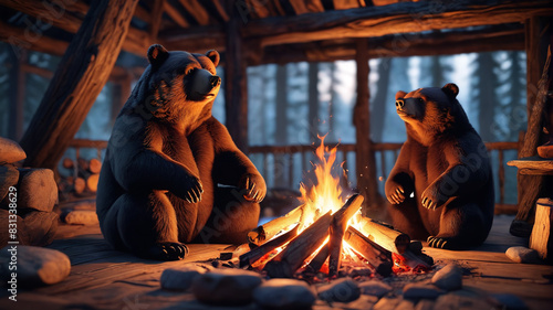 Deep in the Bear's Lair, tales of courage and friendship are shared around the warmth of a roaring fire, Generative AI photo