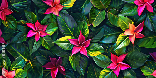 Tropical background with leaves and brigh vibrant flowers