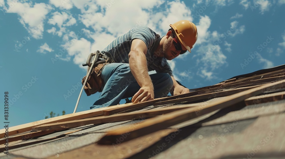 professional caucasian roofer attaching wooden components to house roof lifestyle shot professional caucasian roofer attaching wooden components to house roof lifestyle shot