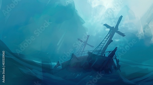 Holy shipwreck flat design front view spiritual theme water color Complementary Color Scheme  photo