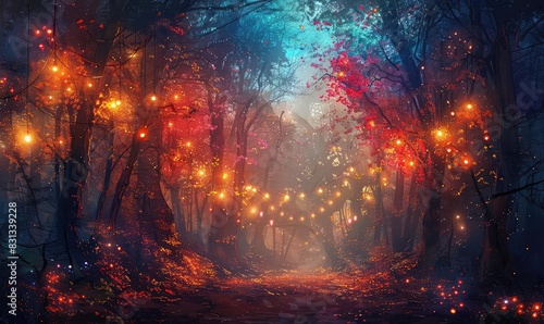 A festival in a forest with colorful lights hanging from branches, creating an enchanting and whimsical scene, cool tones, digital painting,