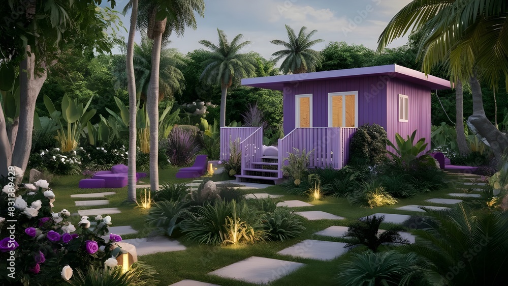 Design a lush tropical garden with native plants, palm trees, ferns. There are purple and white roses and gold glowing garden lights to

add a tropical feel. Add paths, stepping stones and purple seat