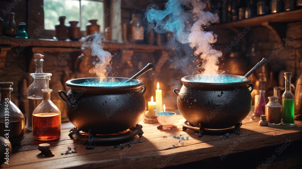 In the Alchemist's Laboratory, bubbling cauldrons scent the air with potent potions, Generative AI In the Alchemist's Laboratory, bubbling cauldrons scent the air with potent potions, Generative AI