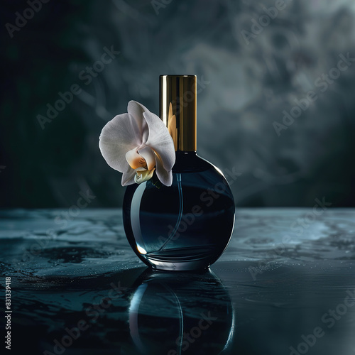 Luxury perfume bottle with orchid flower photo