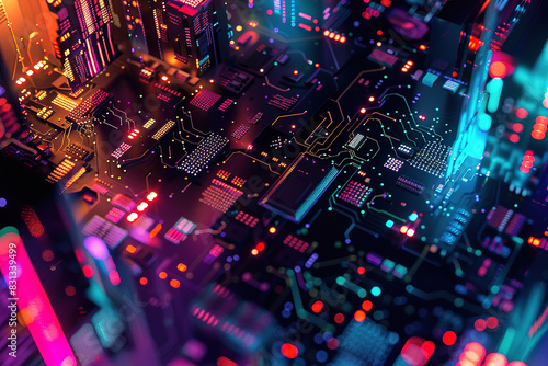 Computer circuit board with neon lights © Philippova