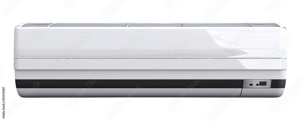 Modern split-system air conditioner unit isolated on white background for climate control and home cooling solutions. Modern split-system air conditioner unit isolated on white background for climate control and home cooling solutions.
