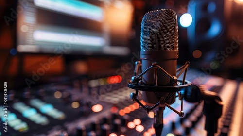 professional studio recording microphone in a modern broadcasting or music production setup closeup photograph