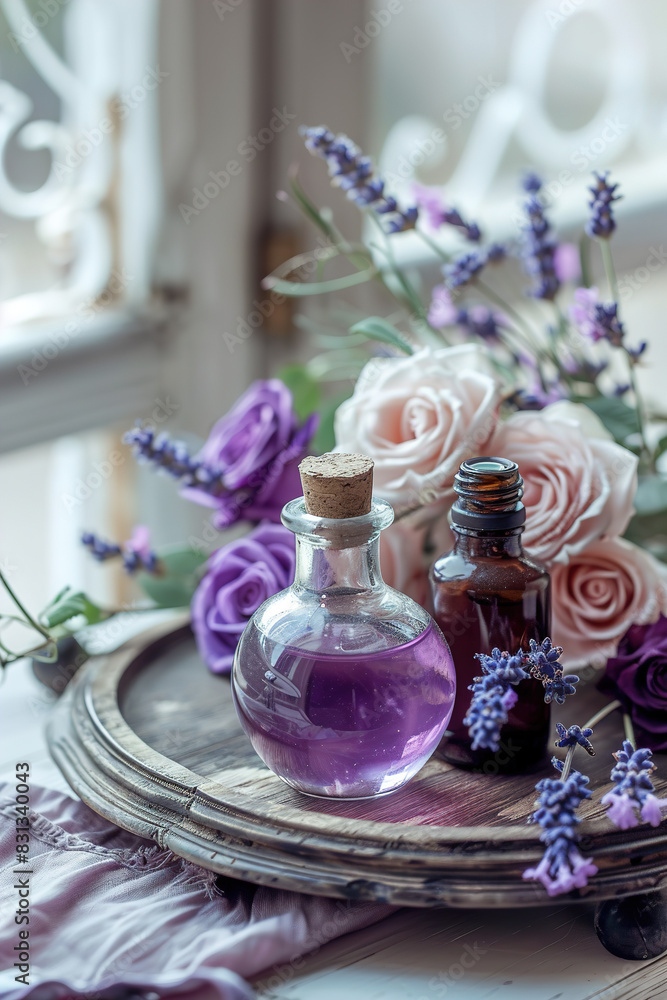 Tray topped with bottles filled with purple flowers Tray topped with bottles filled with purple flowers