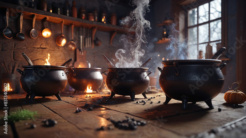 Within the Witch's Kitchen, bubbling cauldrons promise magic and mystery, Generative AI photo