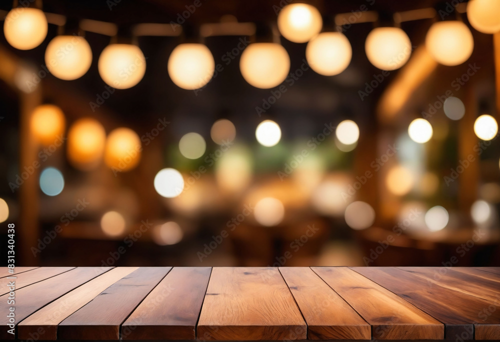 Background of wooden table in front of abstract blurred restaurant lights Background of wooden table in front of abstract blurred restaurant lights