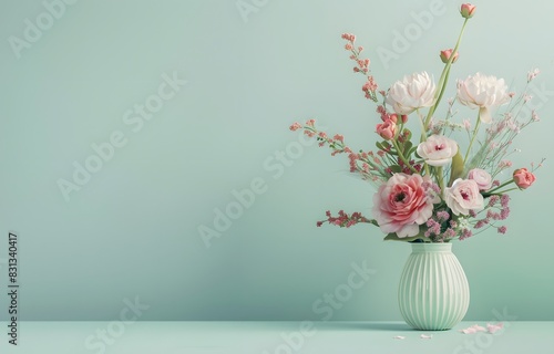 Colorful Spring Flowers in Vase on Table Against Light Green Background
