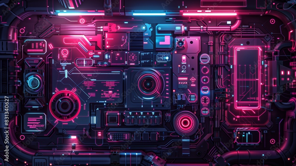 Futuristic Circuit Board with Neon Lights and High-Tech Components Futuristic Circuit Board with Neon Lights and High-Tech Components