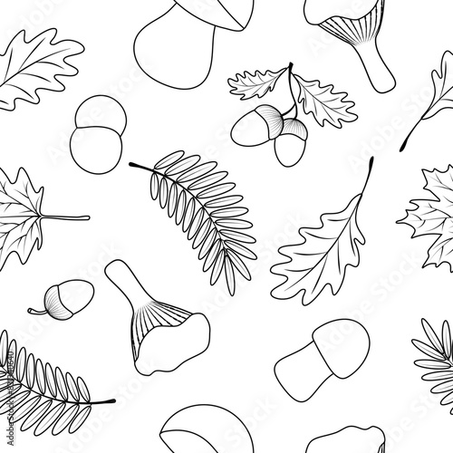 Seamless pattern with maple leaves, acorns, oak leaves, rowan leaves, ceps, mushrooms on white background.