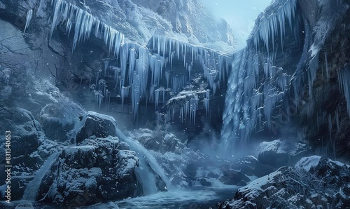 A frozen waterfall cascading down a cliffside, with icicles hanging from the rocks, dramatic and powerful, high detail, photorealistic style,