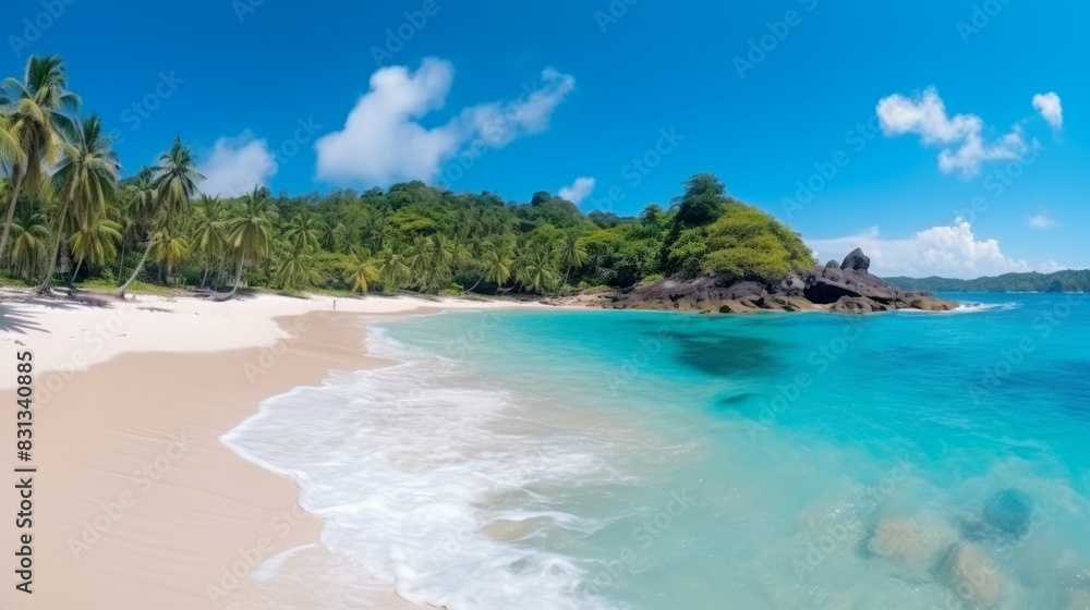 Panoramic tropical beach view with golden sand and blurred palm leaves summer paradise banner Panoramic tropical beach view with golden sand and blurred palm leaves summer paradise banner