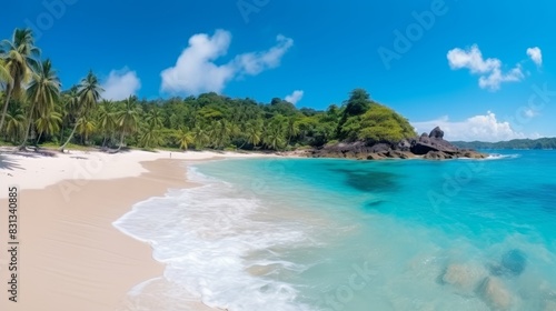 Panoramic tropical beach view with golden sand and blurred palm leaves   summer paradise banner