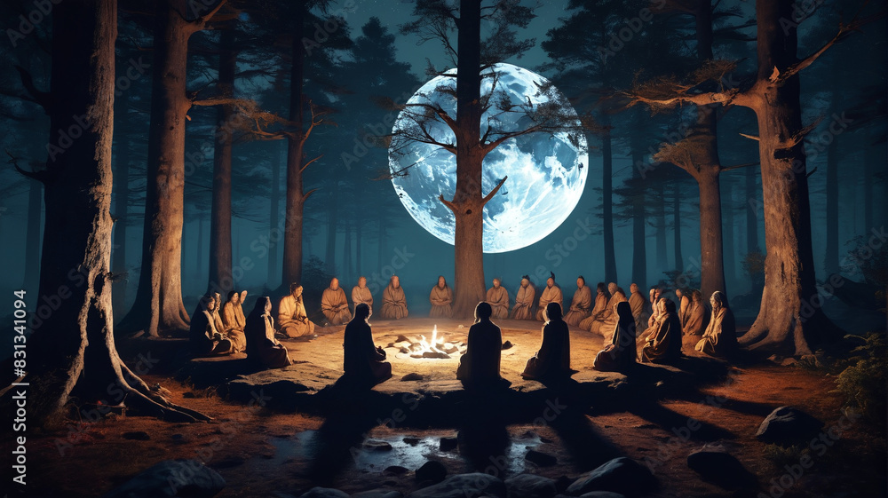 In the heart of the ancient forest, a circle of druids gathers under