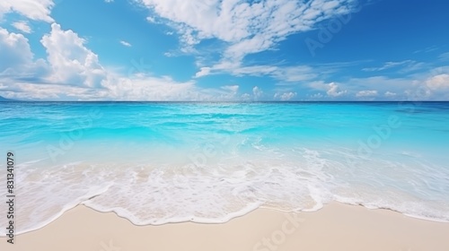 Maldives serene beach  sandy shores  turquoise waves  clear blue skies  picturesque natural panorama