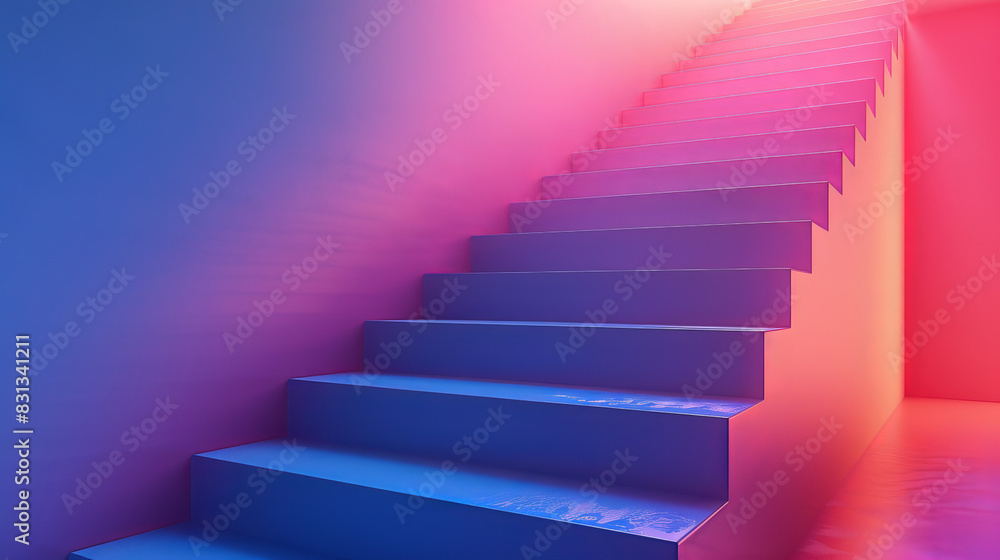 A staircase with blue steps is shown against a pink wall A staircase with blue steps is shown against a pink wall