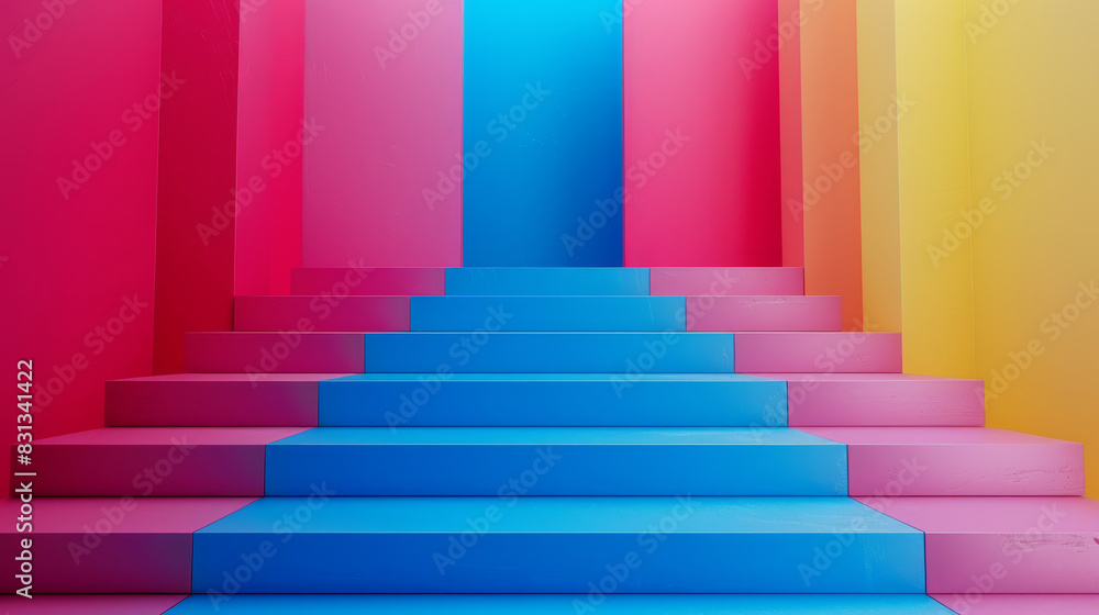 A colorful staircase with pink, blue, and yellow steps A colorful staircase with pink, blue, and yellow steps