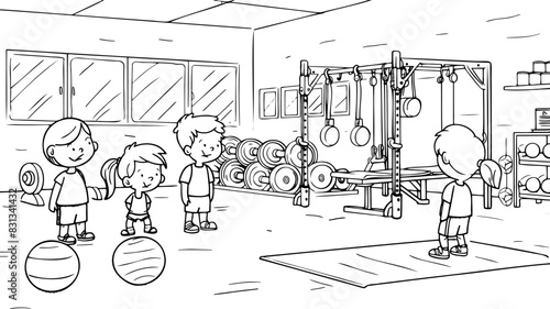 A simple coloring line drawing of a Gym with children depicting a separate story and interacting with other characters, thick lines for easy coloring by children, cartoon style, white background