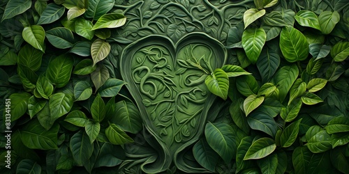A Rich Tapestry of Green Leaves: Vibrant Hearts and Prominent Veins. Concept Greenery Photography, Heart-Shaped Leaves, Veiny Foliage, Rich Textures, Vibrant Greens photo