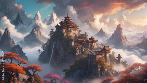 High atop the Cloud Peak Mountains, a mystical sanctuary hidden within the mists houses the last remaining dragons, their ancient wisdom guarded by powerful enchantments, Generative AI photo