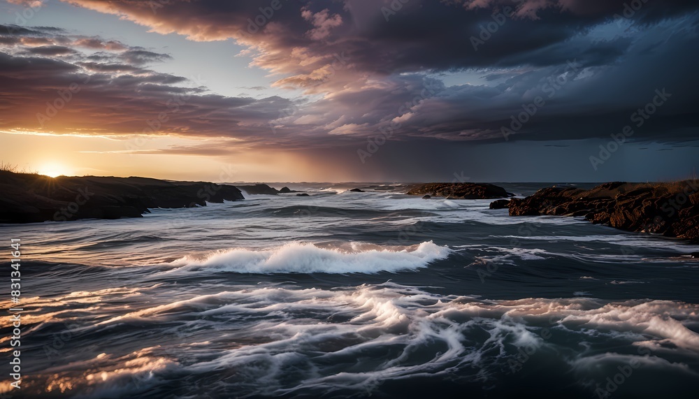 Fototapeta premium whirlpool at sunset, cloudy, hurricane, rainbow on the horizon. Generative AI, Generative, AI