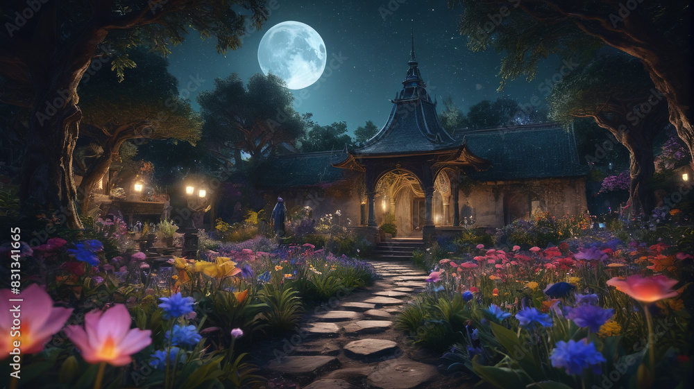 Fototapeta premium In the moonlit gardens of the Enchanter's Palace, rare and exotic flowers bloom under the watchful gaze of the resident sorcerer, their petals imbued with potent magical properties, Generative AI