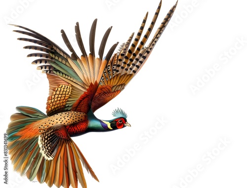 A stunning image of a ring-necked pheasant taking to the air. photo