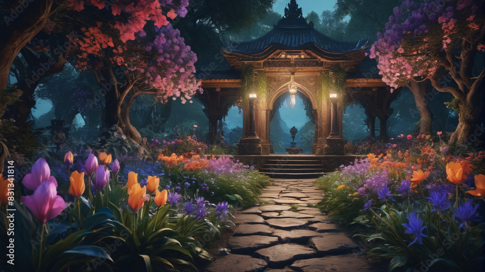 In the moonlit gardens of the Enchanter's Palace, rare and exotic flowers bloom under the watchful gaze of the resident sorcerer, their petals imbued with potent magical properties, Generative AI In the moonlit gardens of the Enchanter's Palace, rare and exotic flowers bloom under the watchful gaze of the resident sorcerer, their petals imbued with potent magical properties, Generative AI