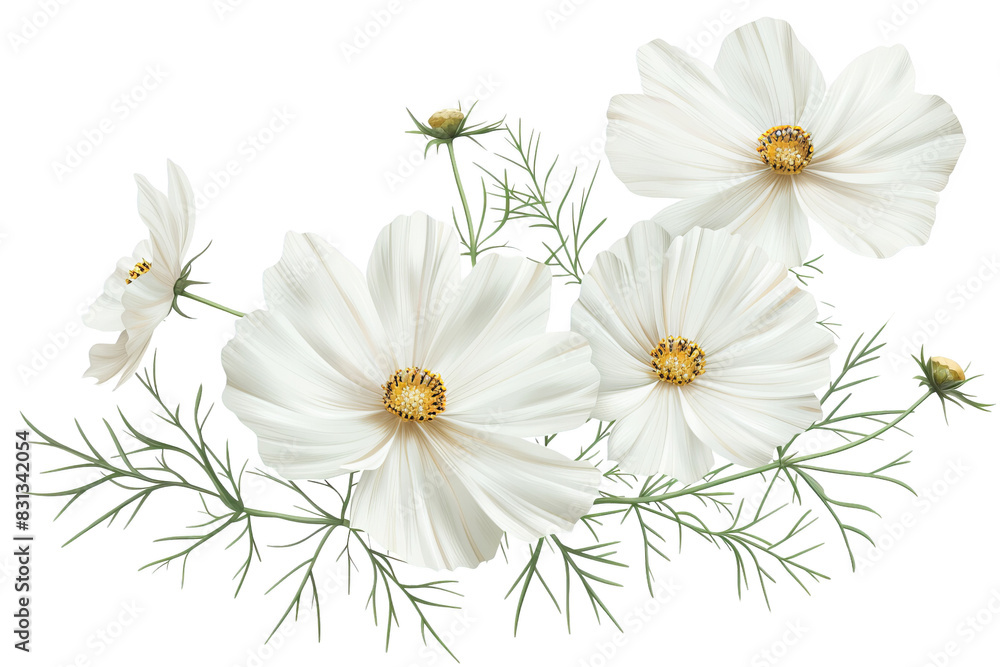 Obraz premium Beautiful white flowers with delicate petals and green leaves, ideal for floral designs, backgrounds, and nature-themed stock photos.