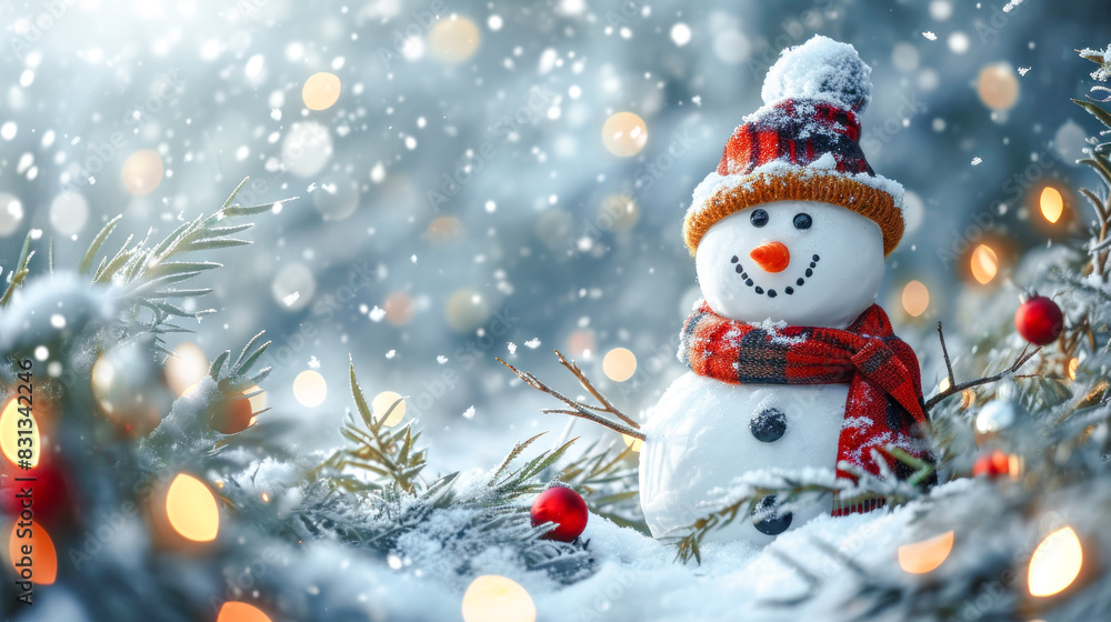 Fototapeta premium Happy Snowman in Winter a Secession Wallpaper Digital Art Magazine Background Poster Card