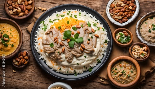 Jordanian meal, Mansaf. rice with yogurt Mansaf with meat and jameed, jamed and nuts on top 