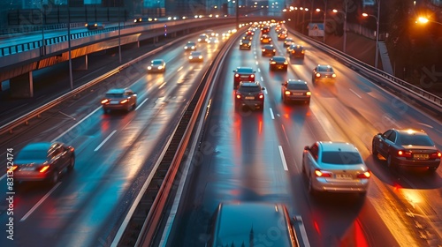 Night city traffic on a busy highway. Squeezing traffic flows with light reflections on wet roads. Urban life and commute. AI