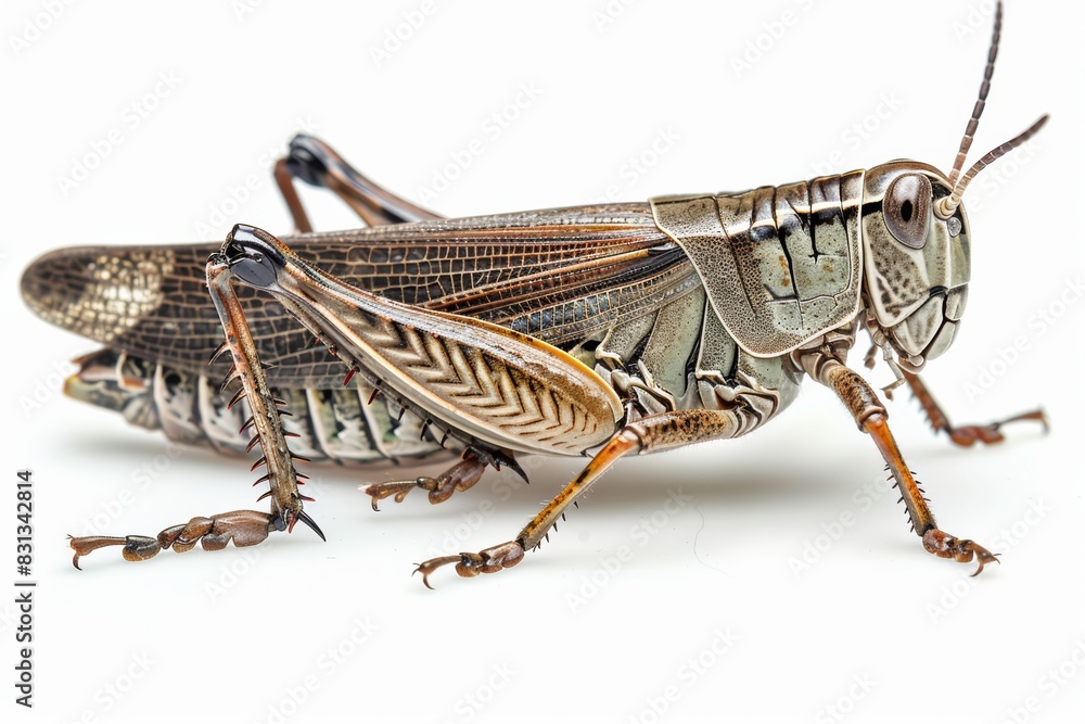 Fototapeta premium Macro Grasshopper Closeup, Detailed Band-Winged Insect, Isolated on White Background, Vibrant Colors, Nature