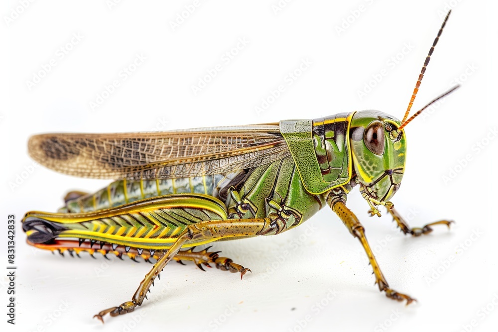 Macro Grasshopper Closeup, Detailed Band-Winged Insect, Isolated on White Background, Vibrant Colors, Nature Macro Grasshopper Closeup, Detailed Band-Winged Insect, Isolated on White Background, Vibrant Colors, Nature