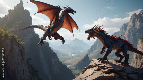 Atop the windswept cliffs of Dragon's Peak, a brave knight duels with a fearsome dragon, their clash echoing through the mountains as the fate of the realm hangs in the balance, Generative AI photo